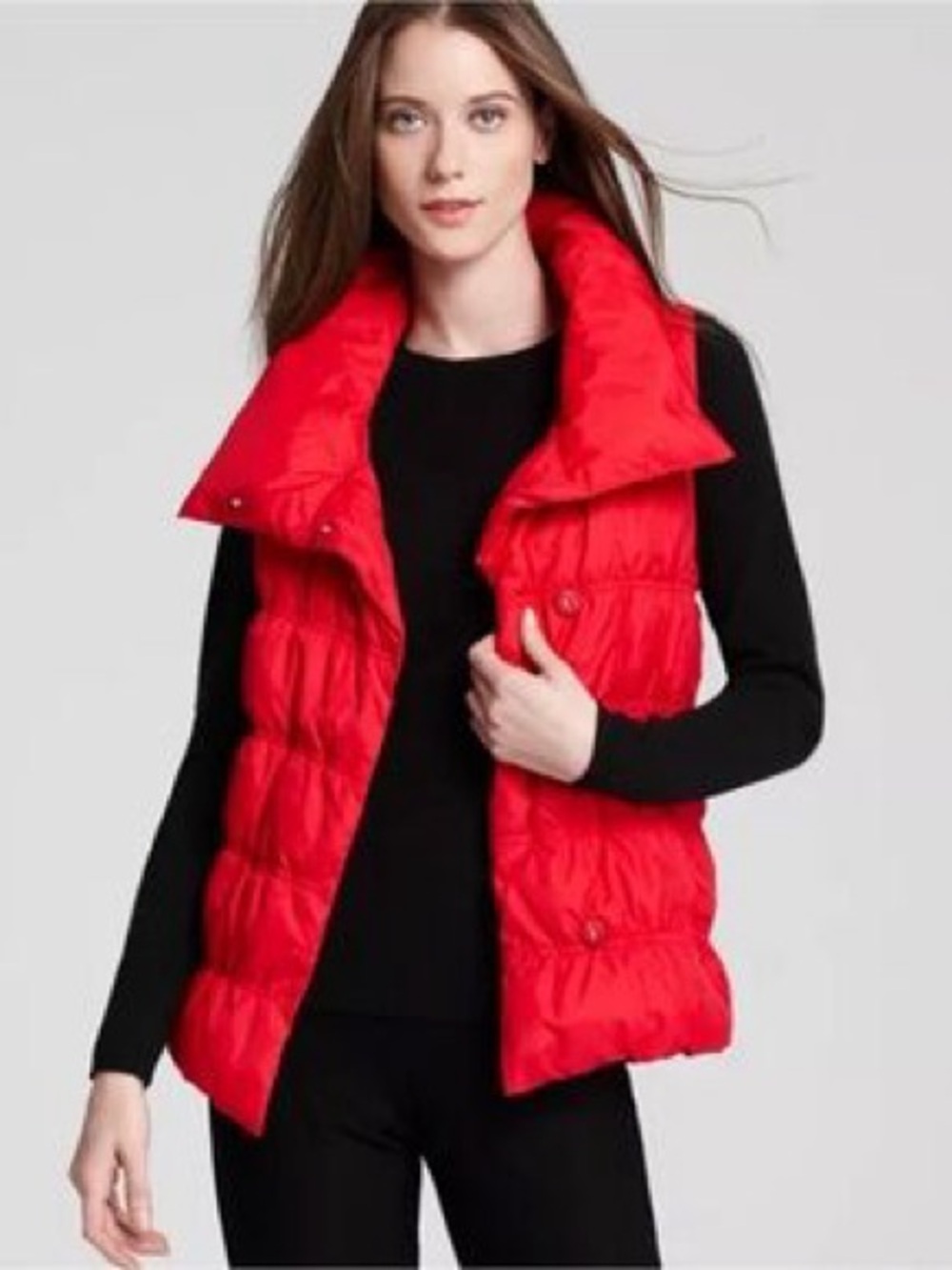 Eileen Fisher Red Down Puffer Vest M Weather Resistant High Collar